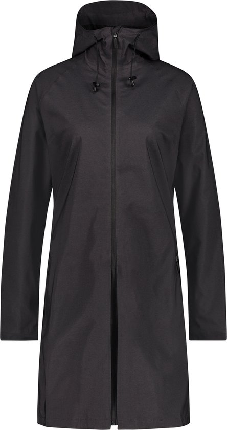 Veste de pluie noire à capuche, manches longues et fermeture éclair, vue de face.