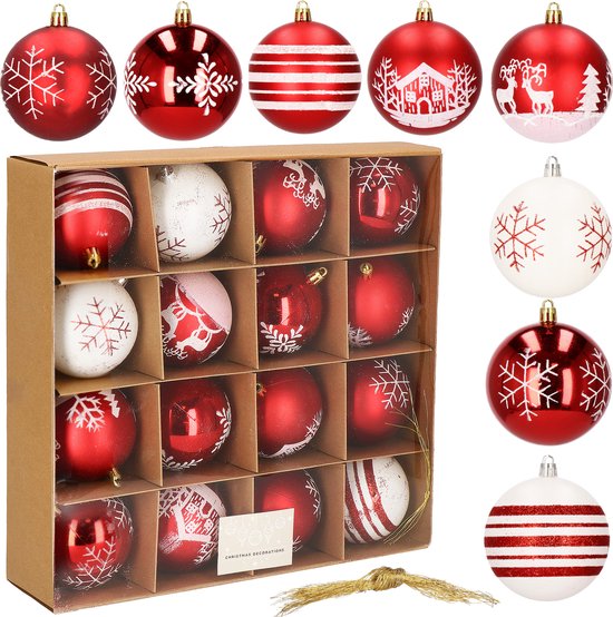 Springos Kerstballen | Kerstversiering | Onbreekbaar | 16 stuks | 8 cm | Rood/Wit