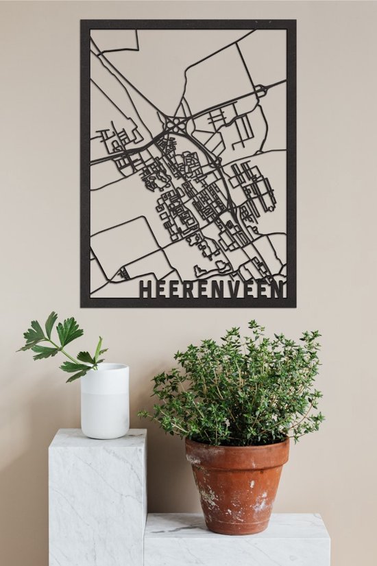 Plan de la Ville en Bois Heerenveen Zwart Mdf 100x75cm Décoration murale pour City Shapes à Suspendre