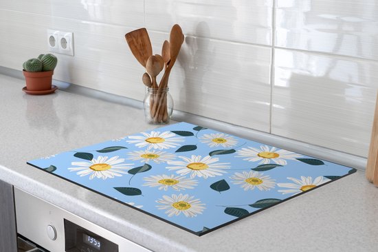 KitchenYeah® Inductie beschermer 59x52 cm - Madeliefjes - Blauw - Patroon - Kookplaataccessoires - Afdekplaat voor kookplaat - Inductiebeschermer - Inductiemat - Inductieplaat mat