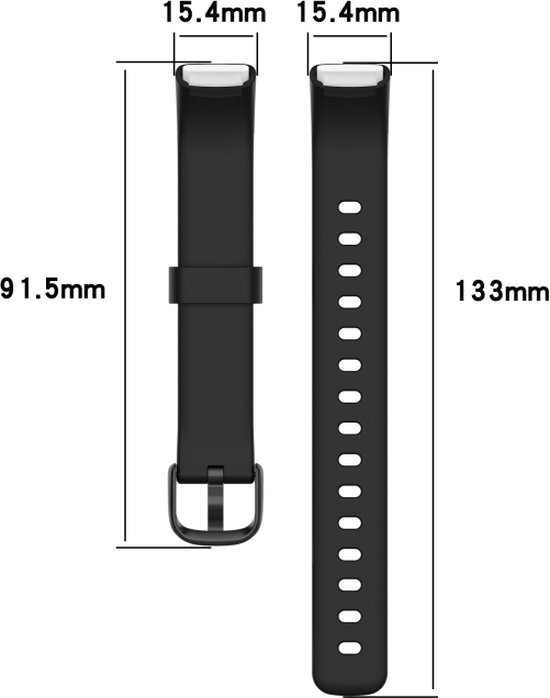 Bracelets noirs Fitbit Luxe avec dimensions : 91,5 mm et 133 mm de long.
