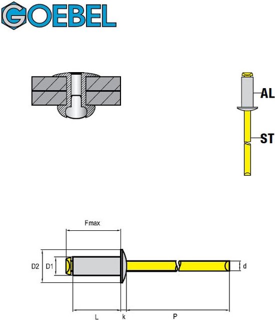 250 X Rivets Aveugles   X L  6 X 18 Mm Aluminium AlMG 3,5/ Acier Zingué Tête Plate STANDARD 7070160180 Iso15977 Goebel 97147968