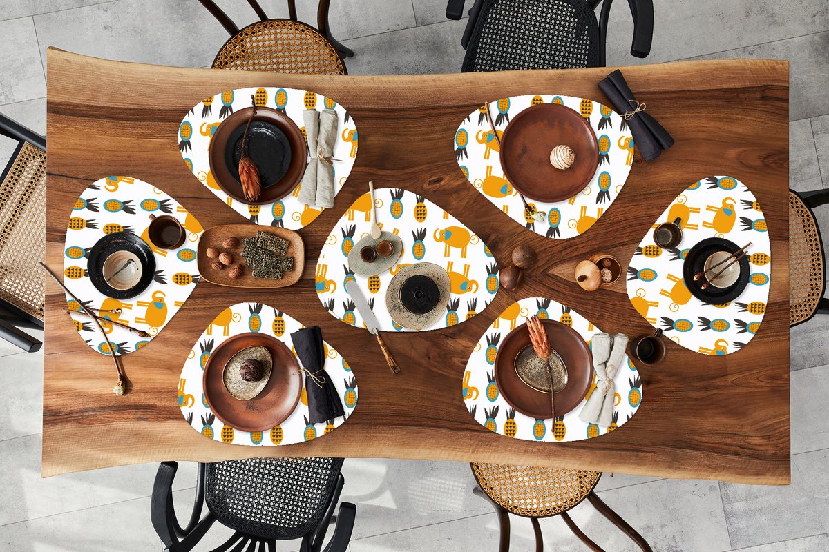 Placemat organisch - Placemats organic - Onderleggers - Olifant - Ananas - Geel - Patroon - 8 stuks
