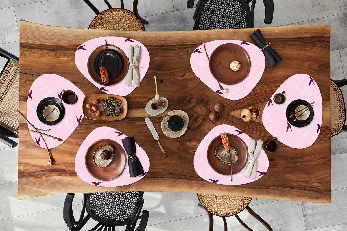 Placemat organisch - Placemats organic - Onderleggers - Vogel - Patronen - Roze - 6 stuks