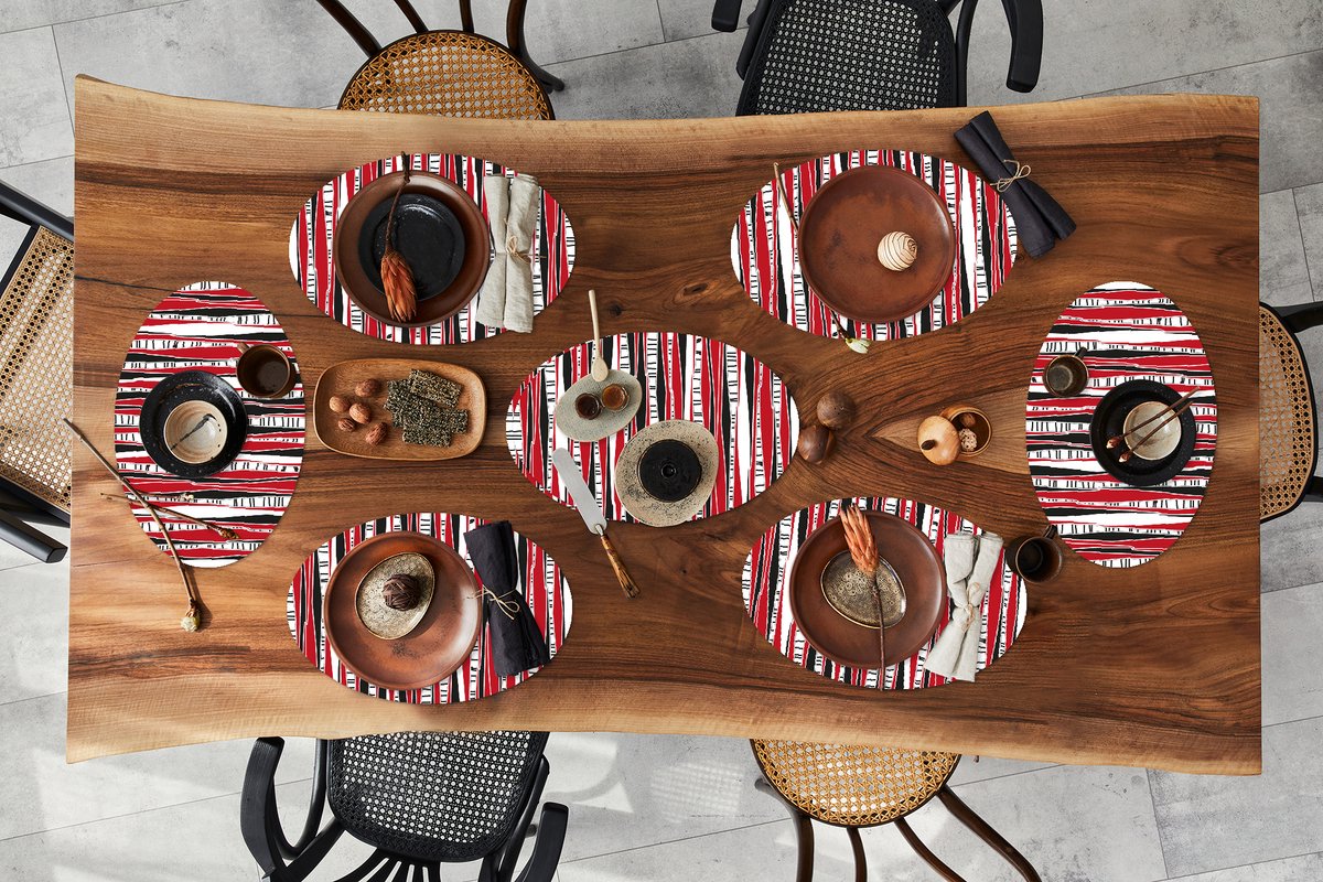 Placemats ovaal - Onderleggers - Ovale placemats - Rood - Patronen - Boom - 8 stuks
