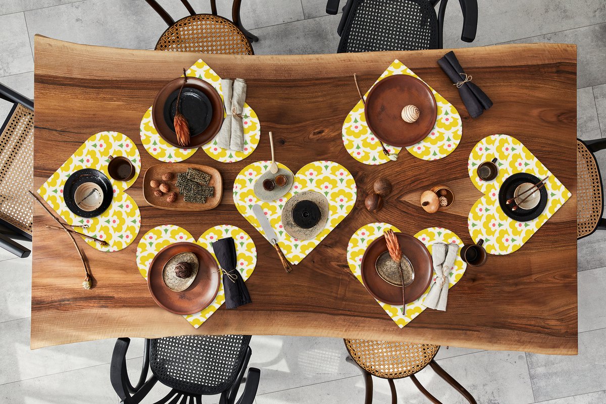 Onderleggers - Placemats - Placemats hartje - Design - Retro - Seventies - Geel - 8 stuks
