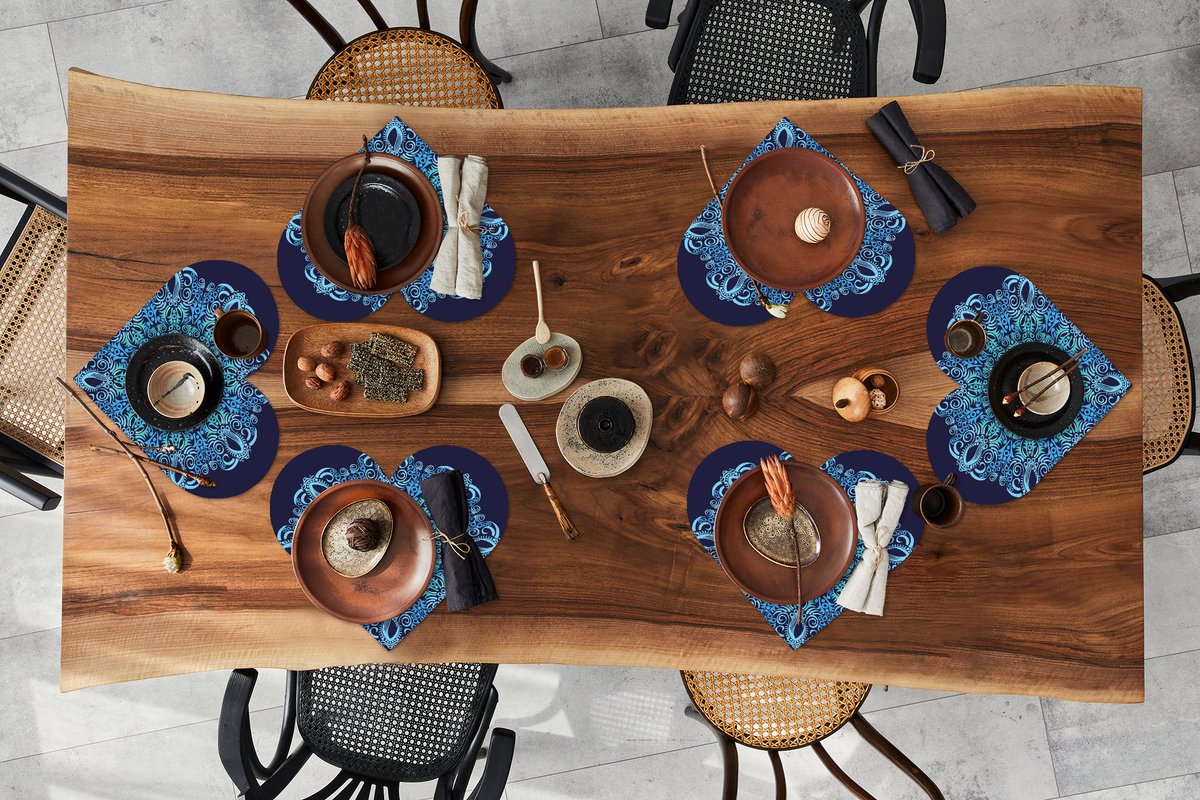 Onderleggers - Placemats - Placemats hartje - Mandala - Blauw - Patronen - 6 stuks