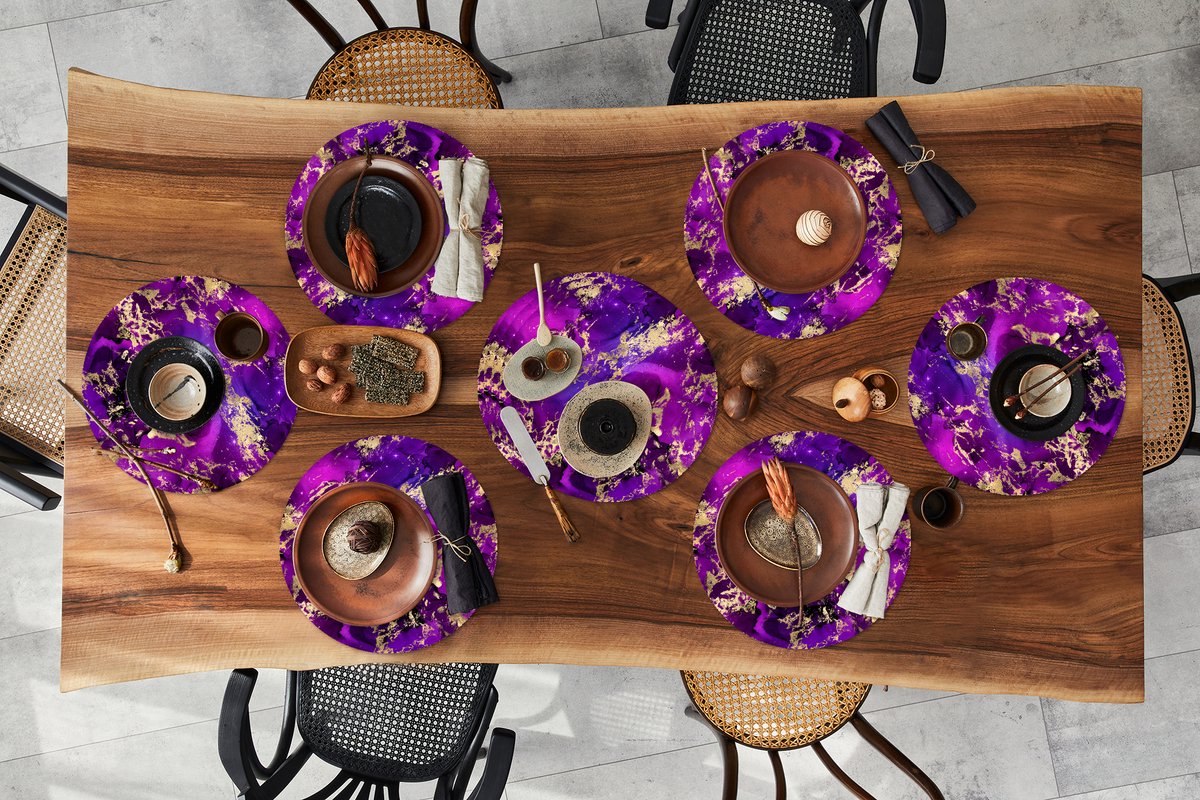Ronde placemats - Onderlegger - Placemats rond - Marmer print - Goud - Paars - Patroon - 10 stuks