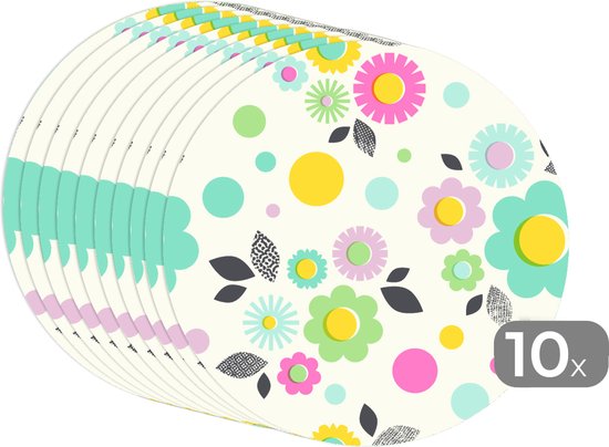 Sets de table ronds - Sets de table - Napperons de table ronds - Motifs - Fleurs - Feuilles - 10 pièces
