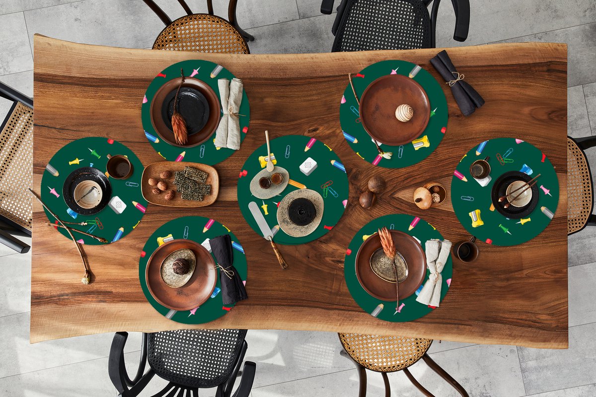 Ronde placemats - Onderlegger - Placemats rond - Kantoor - Patronen - Potloden - 8 stuks