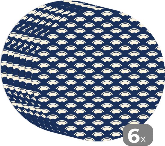 Sets de table ronds - Dessous de verre - Napperons de table ronds - Japonais - Blauw - Wit - Motifs - 6 pièces