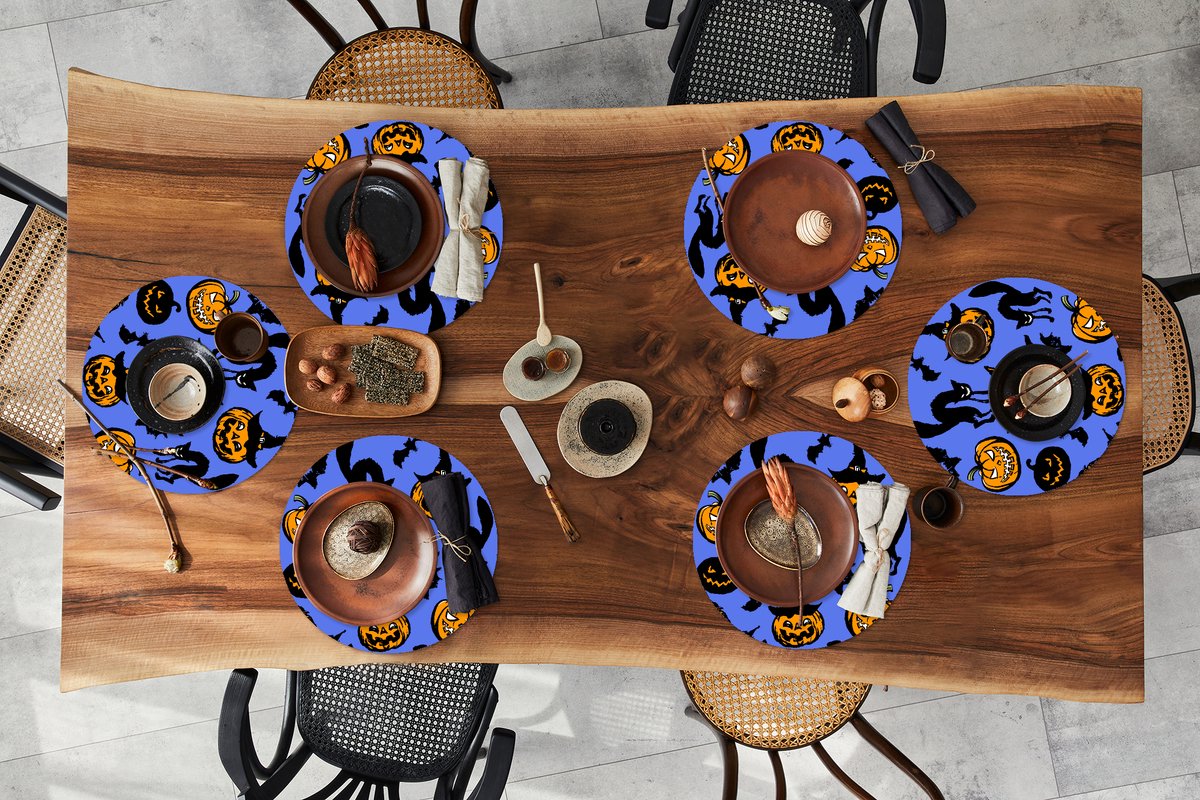 Ronde placemats - Onderlegger - Placemats rond - Halloween - Kat - Heks - 6 stuks