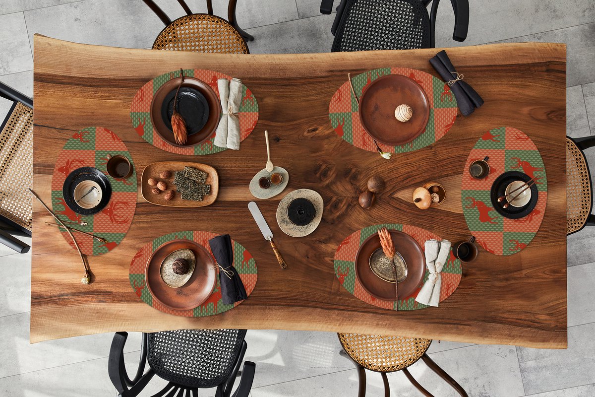 Placemats ovaal - Onderleggers - Ovale placemats - Patroon - Hert - Groen - Rood - 6 stuks