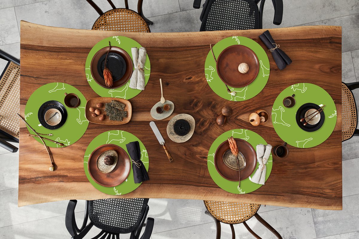Ronde placemats - Onderlegger - Placemats rond - Hert - Groen - Patronen - 6 stuks