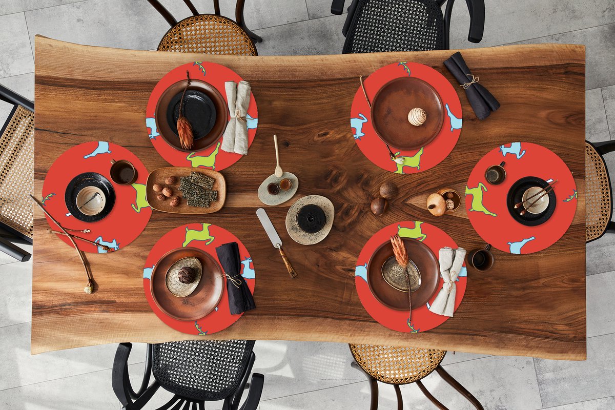 Ronde placemats - Onderlegger - Placemats rond - Patroon - Hert - Rood - 6 stuks