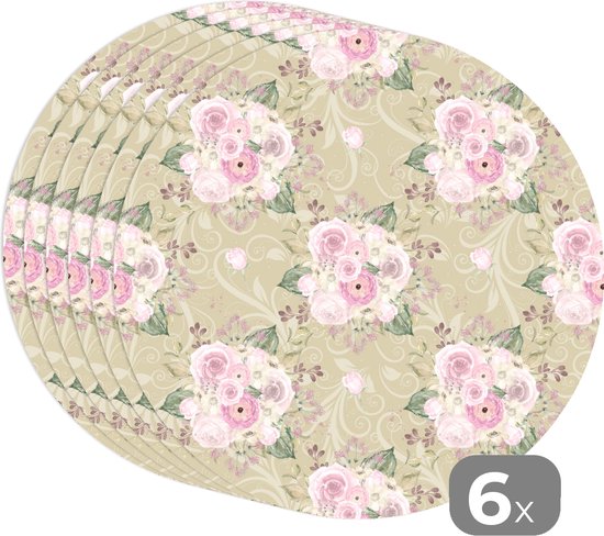 Sets de table ronds - Dessous de verre - Napperons ronds - Rose - Motifs - Fleurs - 6 pièces