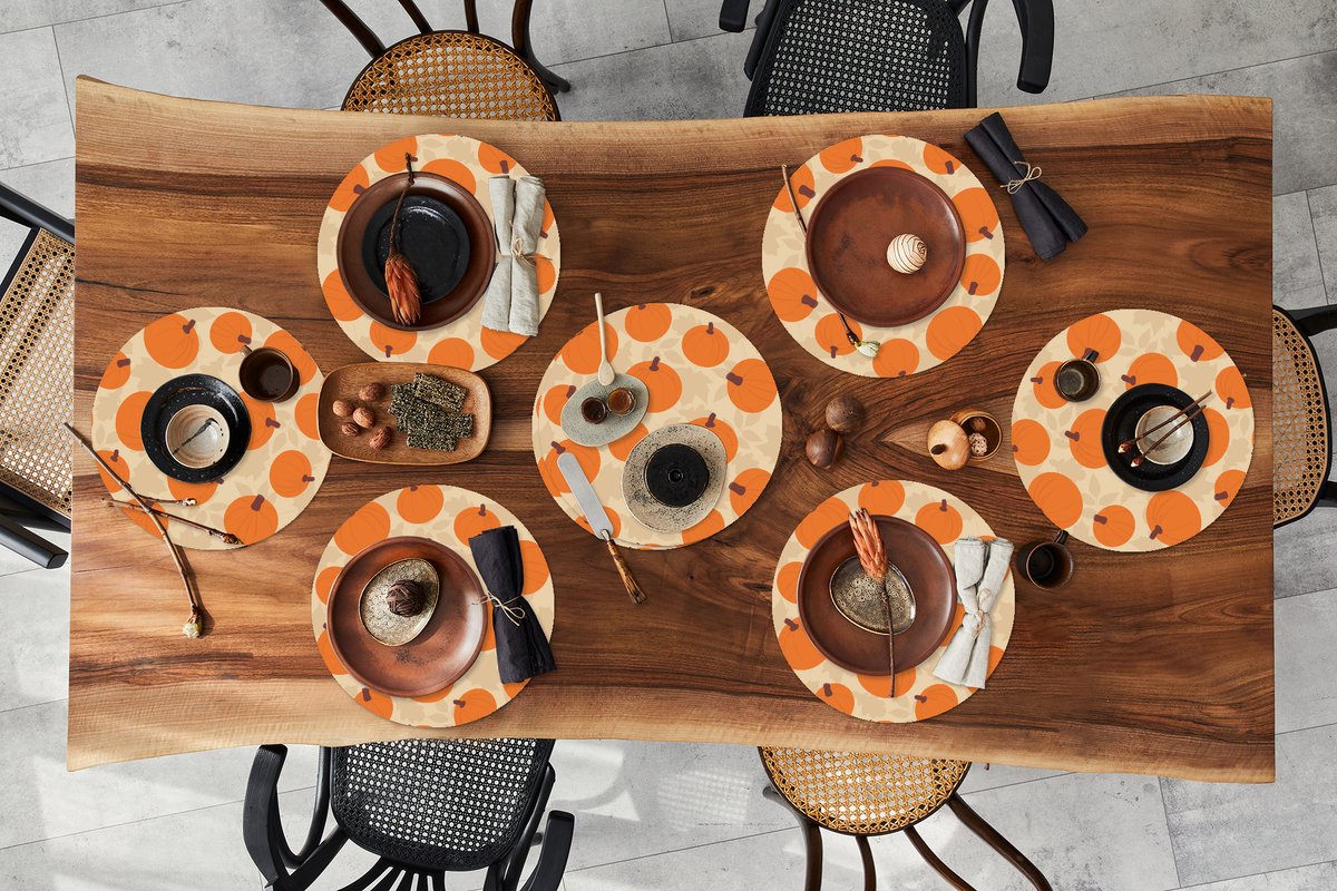 Ronde placemats - Onderlegger - Placemats rond - Herfst - Pompoen - Bladeren - Design - 8 stuks