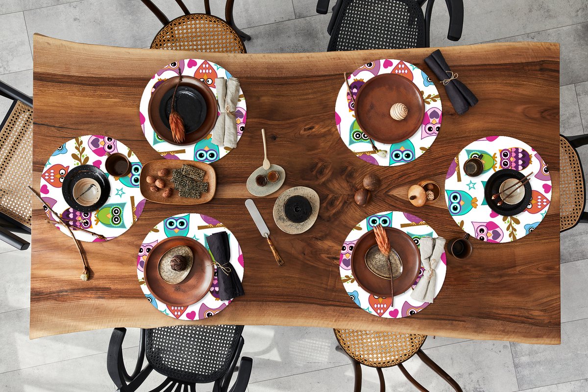 Ronde placemats - Onderlegger - Placemats rond - Design - Uilen - Dieren - 6 stuks