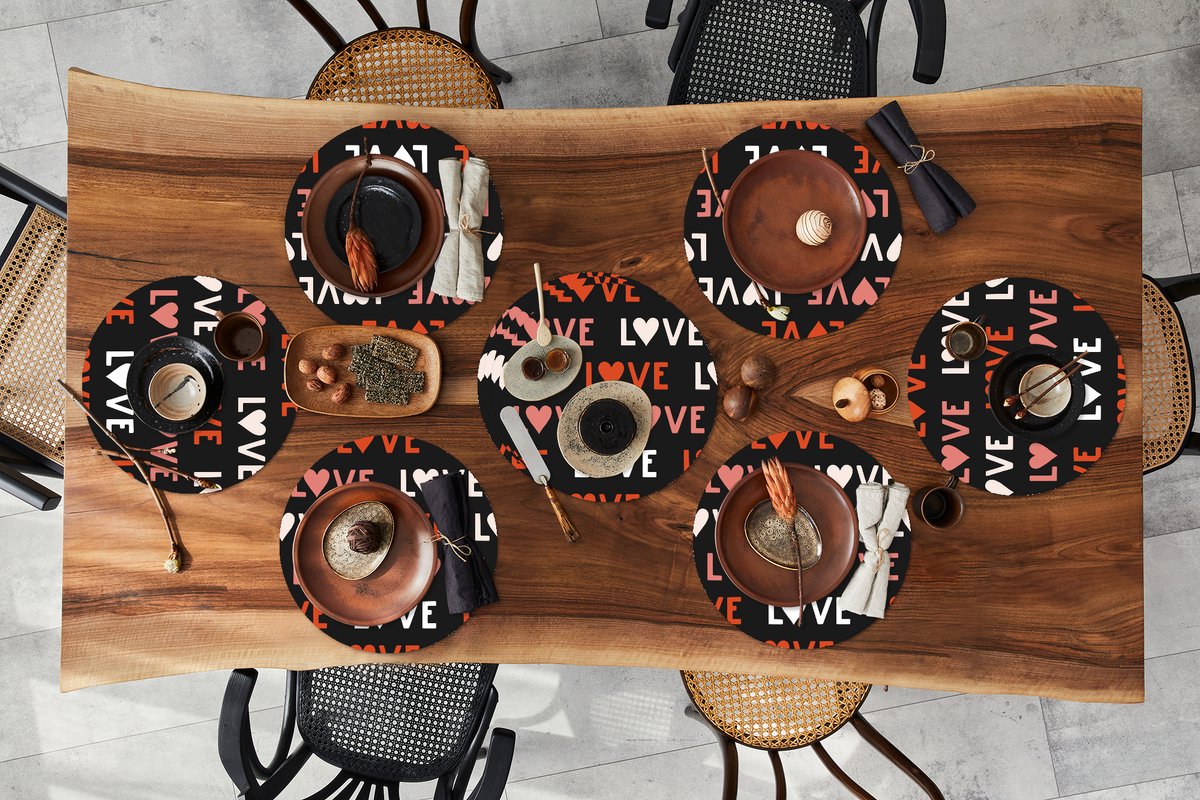Ronde placemats - Onderlegger - Placemats rond - Romantisch - Valentijn - Love - Patronen - 10 stuks