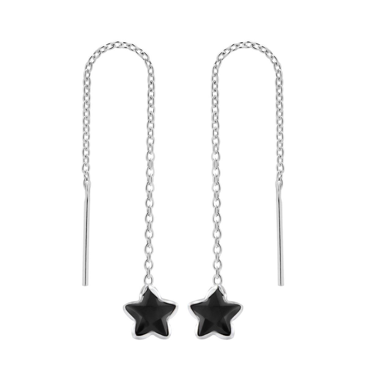 Zilveren oorbellen | Chain oorbellen | Zilveren chain oorbellen, zwarte ster