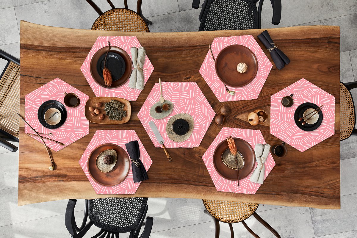 Placemats hexagon - Onderleggers placemats - Placemat zeshoek - Strepen - Roze - Design - 10 stuks