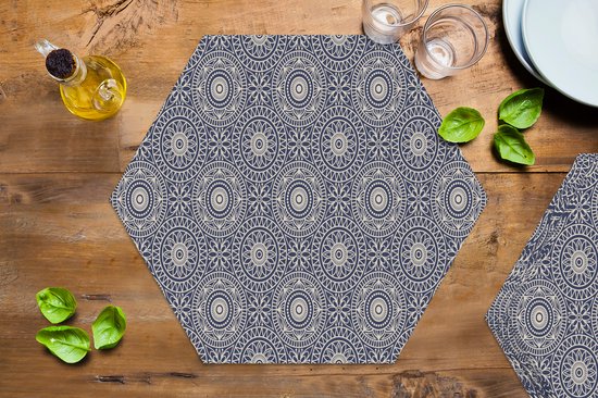 Napperons de table hexagon - Sets de table - Set de table hexagone - Mandala - Blauw - Motif - 8 pièces