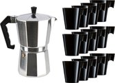 Aluminium moka/koffiemaker met 12x zwarte kopjes