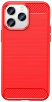 iPhone 14 Pro Hoesje - MobyDefend TPU Gelcase - Geborsteld Metaal + Carbonlook - Rood - GSM Hoesje - Telefoonhoesje Geschikt Voor iPhone 14 Pro