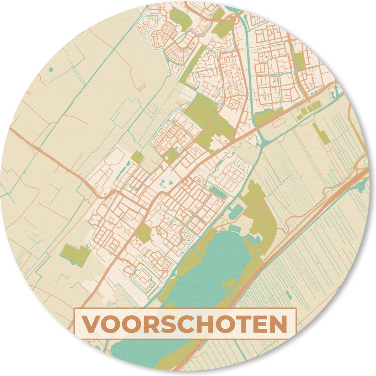 Muismat rond 40x40 cm - Mousepad Voorschoten - Stadskaart - Plattegrond - Vintage - Kaart - Ronde muismatten - Stadskaart