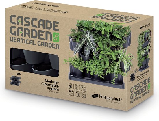 Verpakking van een verticale tuin met afbeeldingen van de donkergrijze potten en een gevulde verticale tuin.