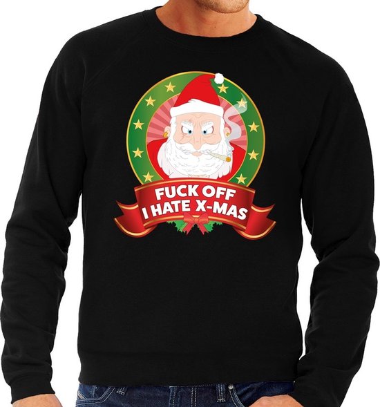 Foute kersttrui / sweater - zwart - Kerstman met wiet Fuck Off I Hate X-mas heren XL