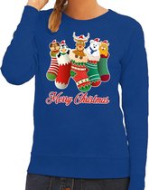 Foute Kersttrui / sweater kerstsokken met diertjes - Merry Christmas - blauw voor dames S