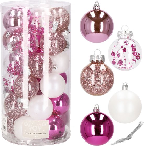 Springos Kerstballen | Kerstversiering | Onbreekbaar | 30 Stuks | 6 cm | Transparant/Roze/Wit