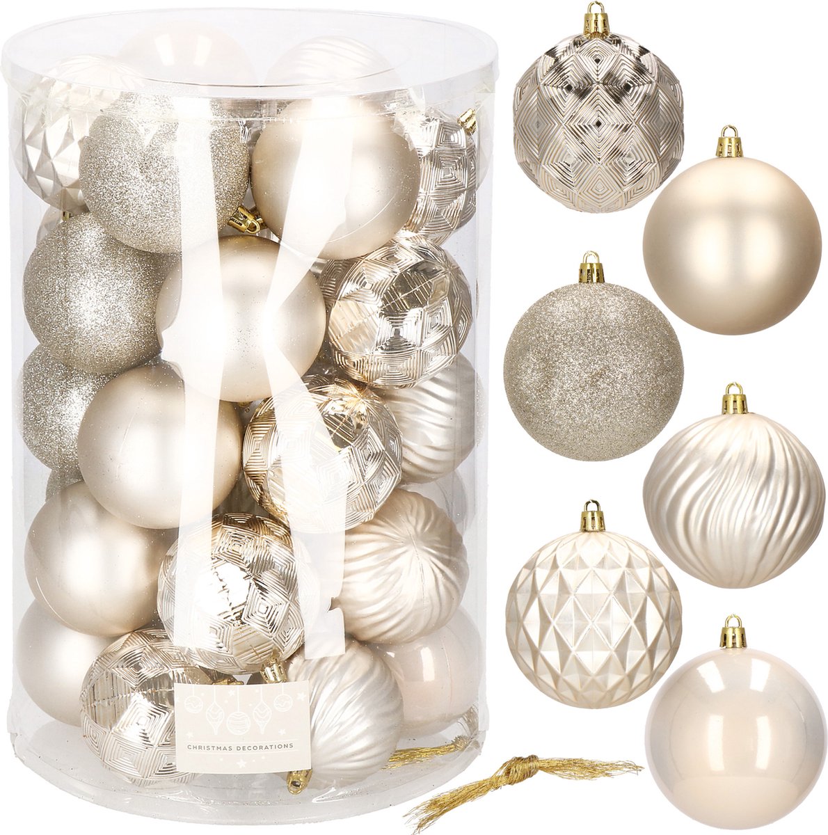 Springos Kerstballen | Kerstversiering | Onbreekbaar | 30 Stuks | 8 cm | Beige/Goud Tinten