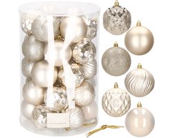 Springos Kerstballen | Kerstversiering | Onbreekbaar | 30 Stuks | 8 cm | Beige/Goud Tinten