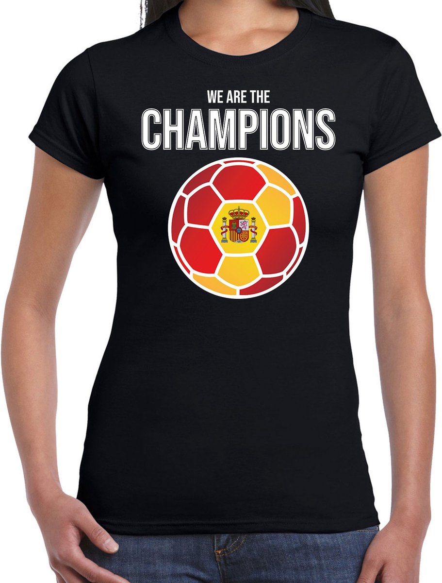 Spanje EK/ WK supporter t-shirt - we are the champions met Spaanse voetbal - zwart - dames - kleding / shirt XXL