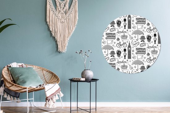 WallCircle - Cercle mural - Cercle mural intérieur - Motif d'illustrations de la ville de Londres - noir et blanc - 90x90 cm - Décoration murale - Peintures ronds