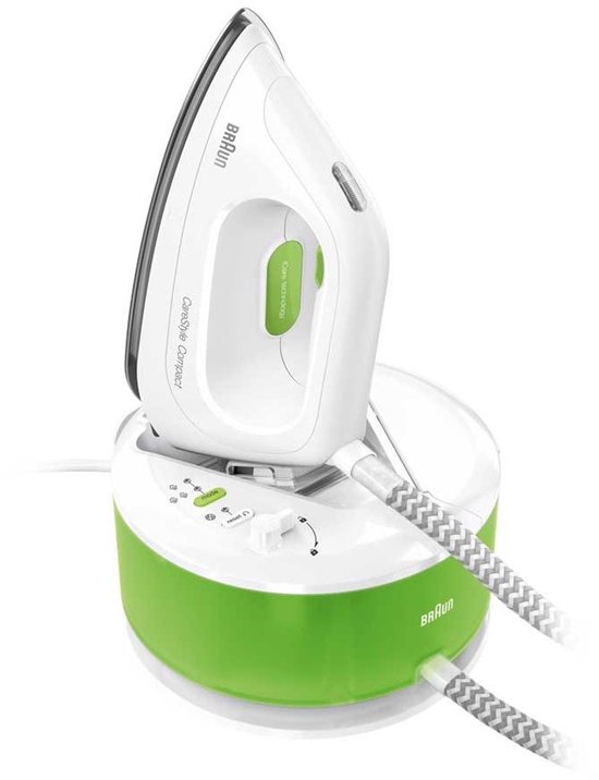Groene stoomgenerator met wit strijkijzer, bedieningspaneel met groene 'mode' knop.