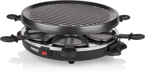 Princess raclette grill, rond model met grillplaat en 6 pannetjes.