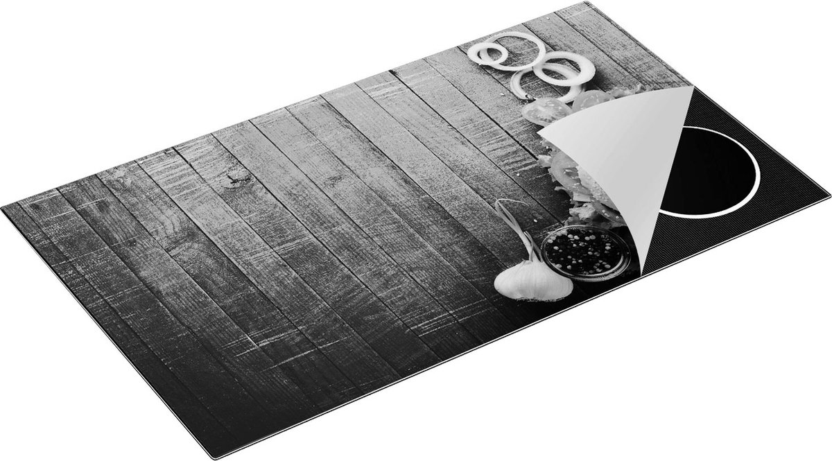 Chefcare Inductie Beschermer Hamburger op Bruine Houten Planken - Zwart Wit - 89,6x51,6 cm - Afdekplaat Inductie - Kookplaat Beschermer - Inductie Mat