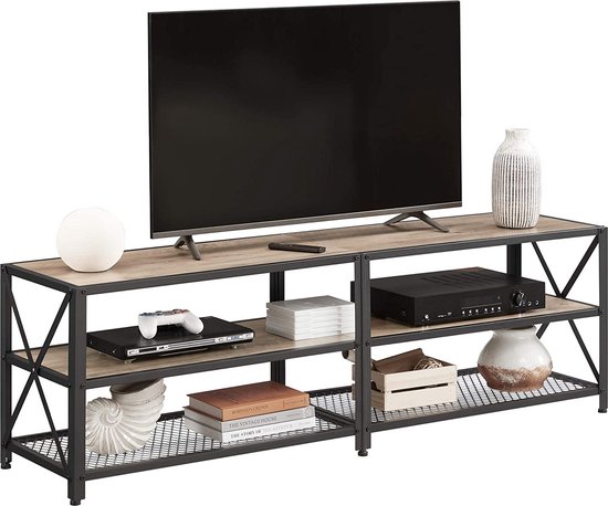 Hoppa! TV Stand, TV Table for TV up to 70 Inches, with Shelves, Steel Frame, Living Room, Bedroom Furniture, Greige and Black