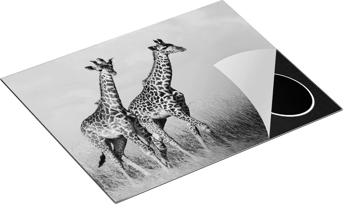 Chefcare Inductie Beschermer Twee Giraffes in het Veld - Zwart Wit - 65x50 cm - Afdekplaat Inductie - Kookplaat Beschermer - Inductie Mat