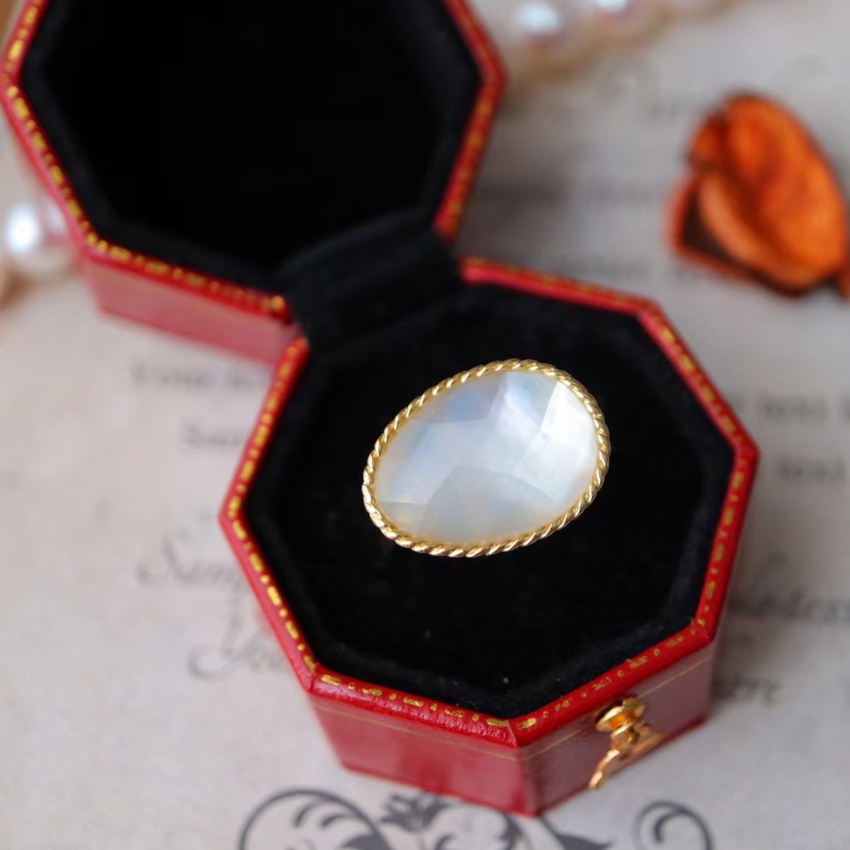 Parelmoer waterdruppel sieraden set - goud vermeil - verstelbare ring
