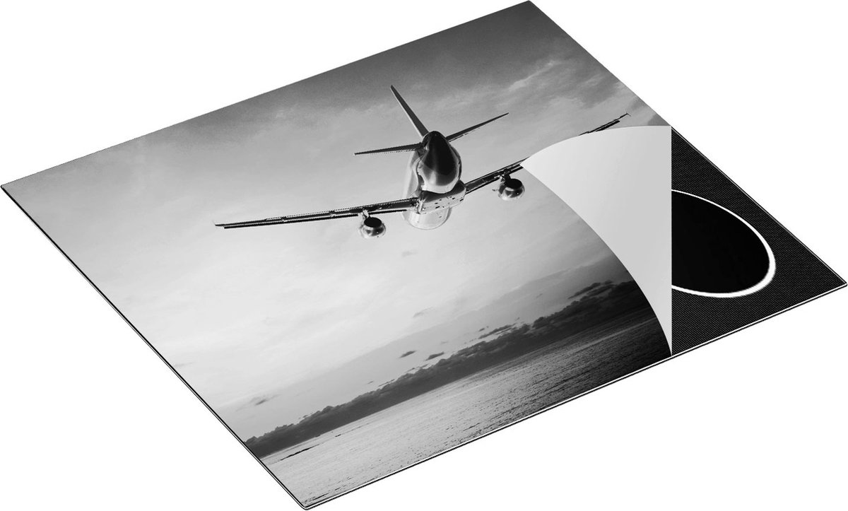 Chefcare Inductie Beschermer Vliegtuig Boven de Zee bij Zonsondergang - Zwart Wit - 60x52 cm - Afdekplaat Inductie - Kookplaat Beschermer - Inductie Mat