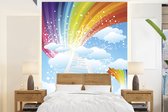 Behang - Fotobehang een trap omgeven met wolken en regenbogen - Breedte 165 cm x hoogte 220 cm
