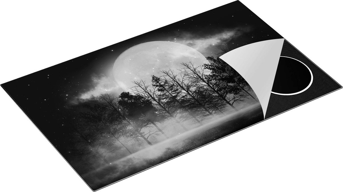 Chefcare Inductie Beschermer Maan tussen de Bomen in de Nacht - Zwart Wit - 85x50 cm - Afdekplaat Inductie - Kookplaat Beschermer - Inductie Mat