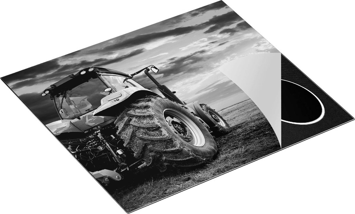 Chefcare Inductie Beschermer Tractor bij Zonsondergang - Trekker - Zwart Wit - 60x55 cm - Afdekplaat Inductie - Kookplaat Beschermer - Inductie Mat