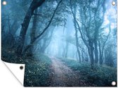 Tuinposter - Tuin - Natuur - Mist - Bomen - 80x60 cm - Tuindoek - Wanddecoratie - Tuindecoratie