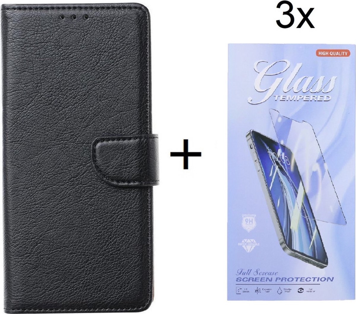 Bookcase Geschikt voor: Xiaomi Redmi Note 10 5G / 10T 5G - Zwart - portemonnee hoesje met 3 stuk Glas Screen protector