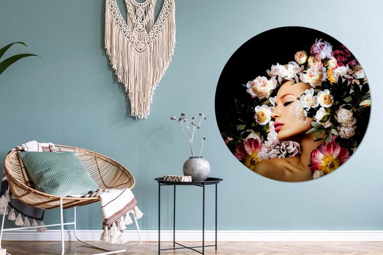 Cercle Mural - Cercle Mural Intérieur - Femmes - Fleurs - Roses - Portrait - ⌀ 140 cm - Décoration murale - Peintures Ronds